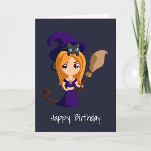Cute Witch in Purple Hat Happy Birthday Card