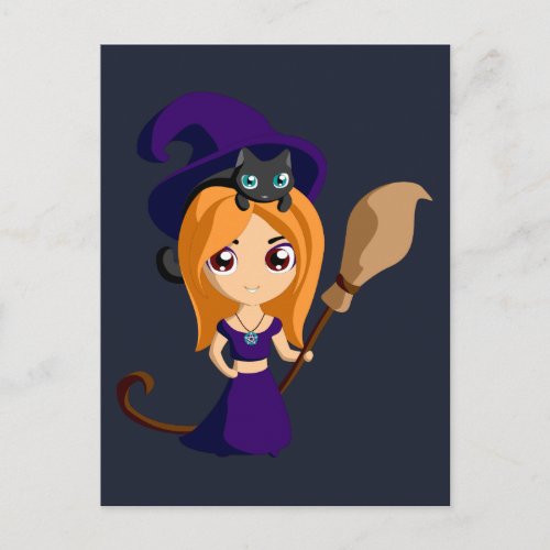 Cute Witch in Purple Hat  her Cat Halloween Postcard