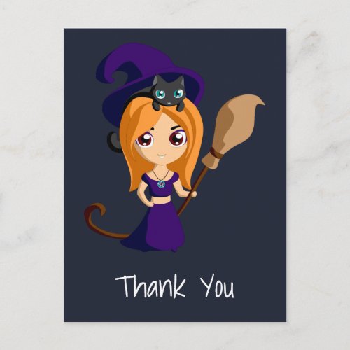 Cute Witch in Purple Hat Party Thank You Postcard