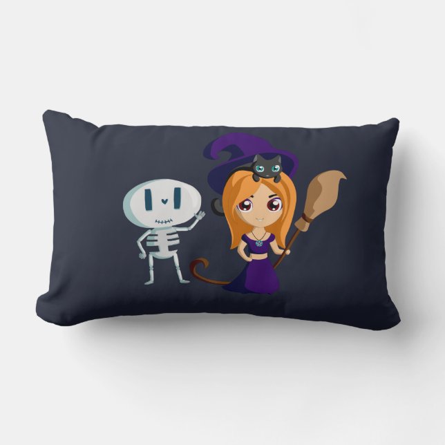 Cute Witch in Purple Hat & Skeleton Halloween Lumbar Pillow (Front)