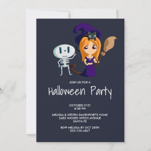 Cute Witch in Purple with Black Cat & Broom Invitation