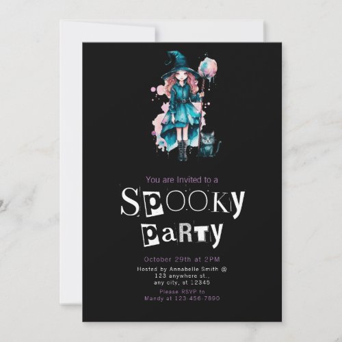 Cute Witch in Teal Witches Hat Black Cat Halloween Invitation