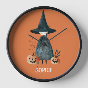 Cute Witch& Jack-o-Lanterns Burnt Orange Nursery Clock