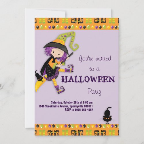 Cute Witch Kid's Halloween Invitation