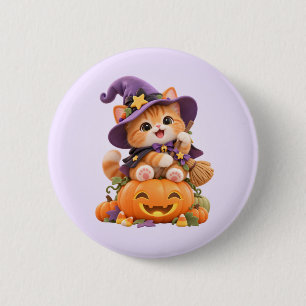 Cute Witch Kitten Halloween Button Pin