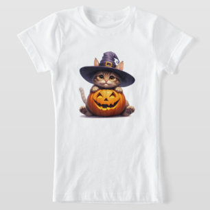 Cute Witch Kitten Holding Jack O Lantern 🎃 T-Shirt