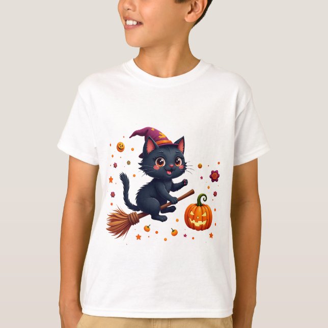 Cute Witch Kitten Riding Broom Halloween   T-Shirt (Front)