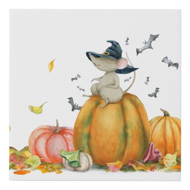 Cute witch mouse Happy Halloween Faux Canvas Print (Front)