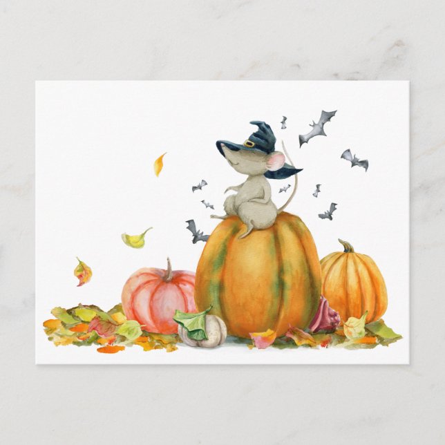 Cute witch mouse on the pumpkin postcard (Front)