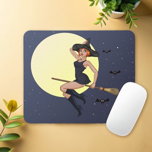 Cute Witch on a Flying Broom Halloween Mouse Pad