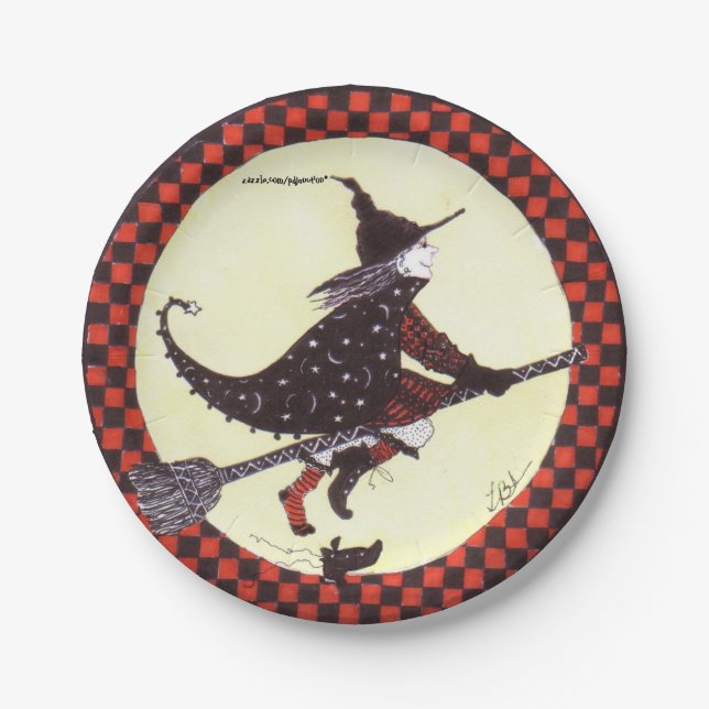 Cute Witch on Broom Paper Plate (Front)