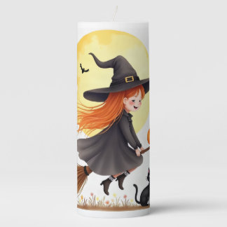 Cute Witch On Broomstick Pillar Candle