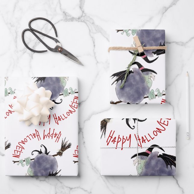 Cute Witch on her broomstick Halloween 3xWPS Wrapping Paper Sheets (Front)