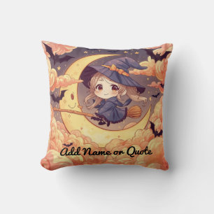 Cute Witch on Moon Halloween Pillow