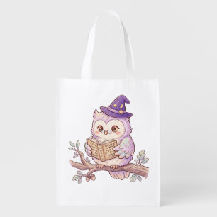 Cute Witch Owl Reading Spell Book Halloween Illust Grocery Bag