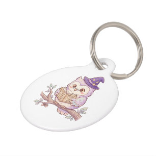 Cute Witch Owl Reading Spell Book Halloween Illust Pet ID Tag