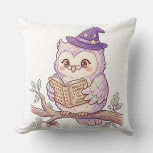 Cute Witch Owl Reading Spell Book Halloween Illust Throw Pillow