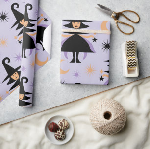Cute Witch Pattern – Whimsical Witches with Stars, Wrapping Paper