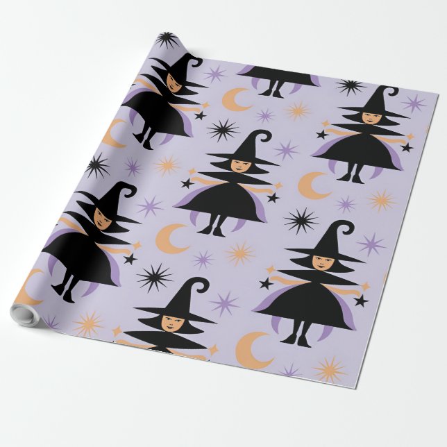 Cute Witch Pattern – Whimsical Witches with Stars, Wrapping Paper (Unrolled)