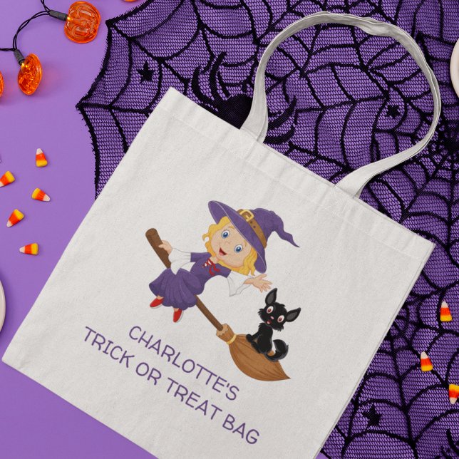 Cute Witch Personalized Trick Or Treat Tote Bag (Creator Uploaded)