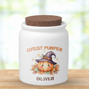 Cute Witch Pumpkin with Fall Leaves Candy Jar