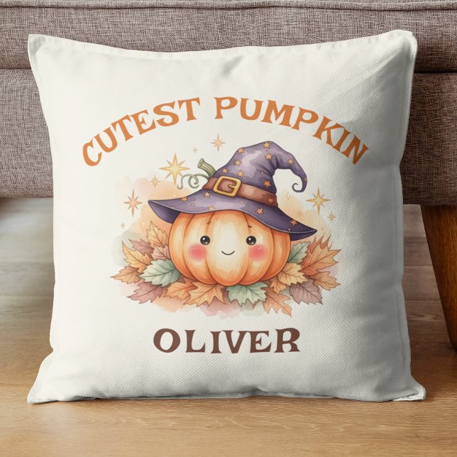 Cute Witch Pumpkin with Fall Leaves Throw Pillow (Creator Uploaded)
