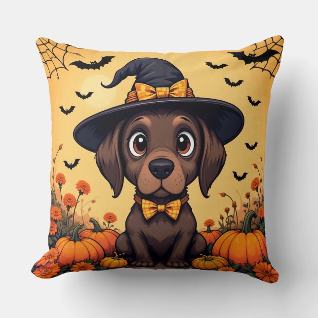🧙‍♀️🐾 Cute Witch Puppy Spooky Halloween Cozy✨🎃 Throw Pillow (Front)