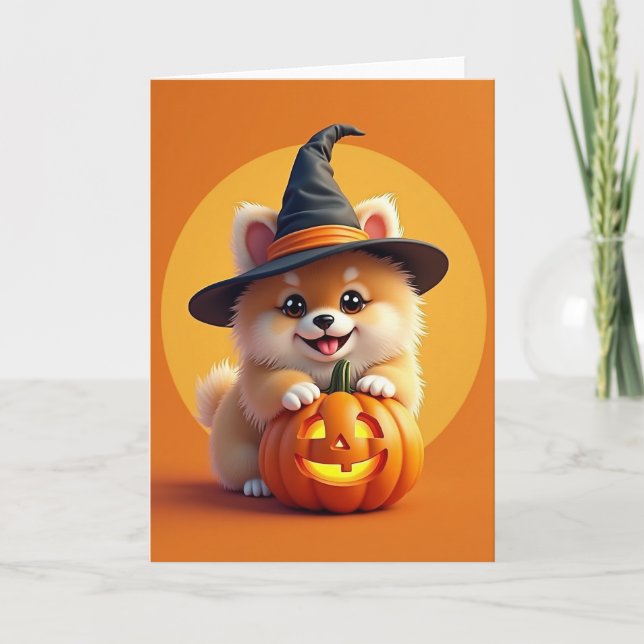 Cute Witch Pups Pumpkin Card (Front)