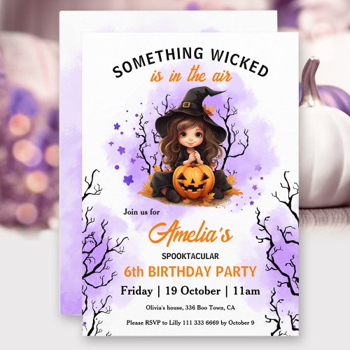 Cute Witch Purple Orange Halloween Girls Birthday Invitation