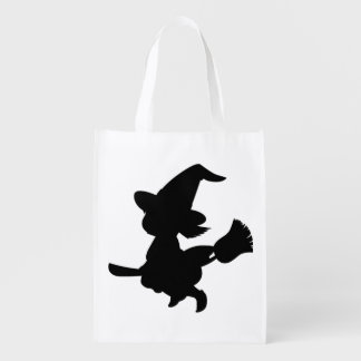 Cute Witch riding a broom Silhouette Grocery Bag