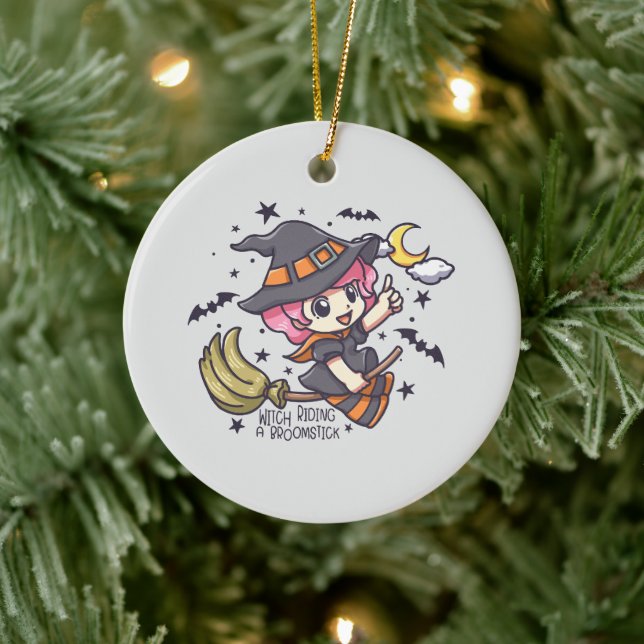 Cute Witch Riding A Broomstick Ceramic Ornament (Tree)