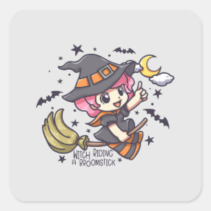 Cute Witch Riding A Broomstick Square Sticker
