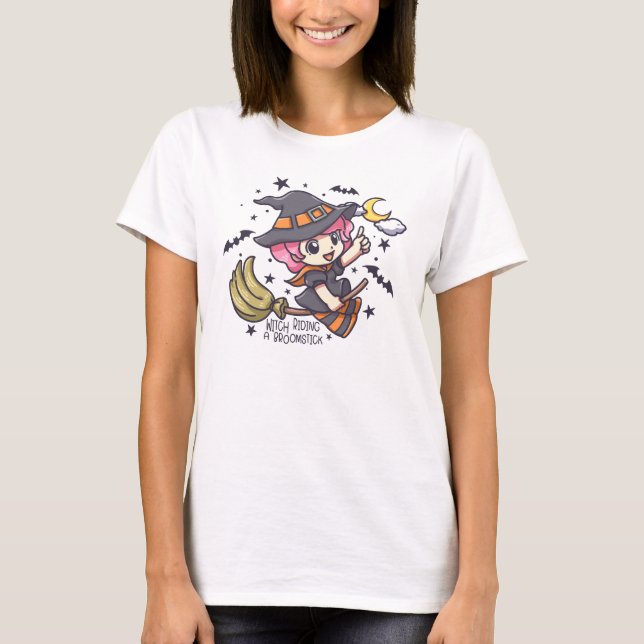 Cute Witch Riding A Broomstick T-Shirt (Front)