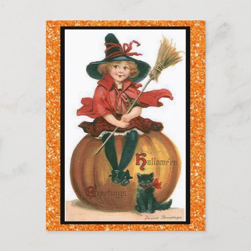 Cute Witch Sitting on a Pumpkin with Black Cat  Postcard