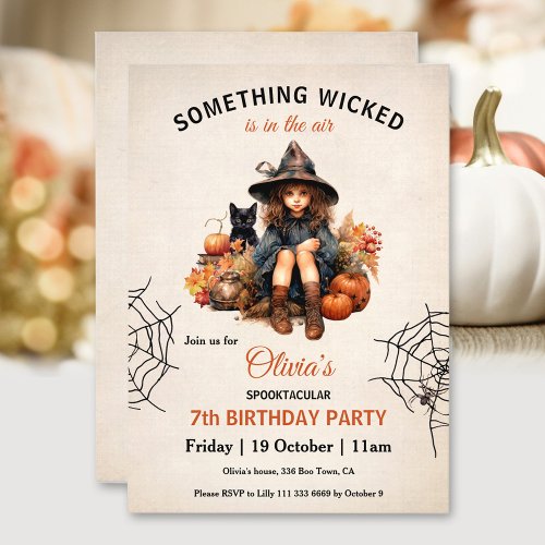 Cute Witch Spider Halloween Girls Birthday Invitation
