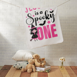 Cute Witch Spooky One Bat Pattern Halloween Name Baby Blanket