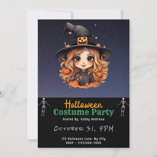 Cute Witch Starry Night Black Halloween Invitation
