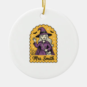 Cute Witch Teacher Mrs Smith Vintage Halloween Des Ceramic Ornament