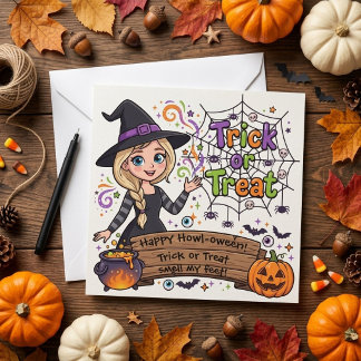 Cute Witch Trick or Treat Happy Halloween Greeting Card