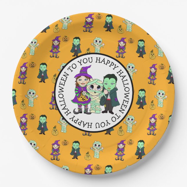 Cute Witch, Vampire and Mummy Halloween Party Paper Plates (Front)