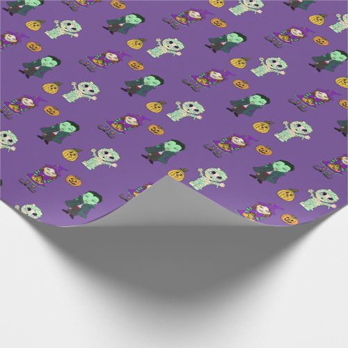 Cute Witch Vampire and Mummy Halloween Party Wrapping Paper