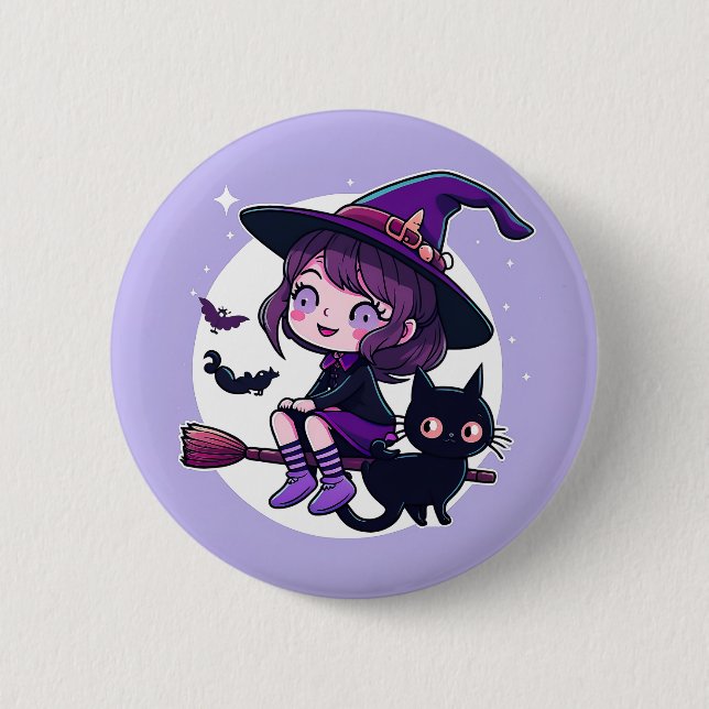 Cute Witch with a Broom Black Cat Bats Moon | Button (Front)
