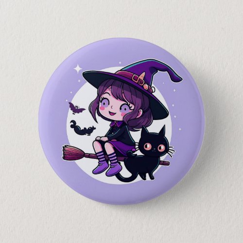 Cute Witch with a Broom Black Cat Bats Moon  Button