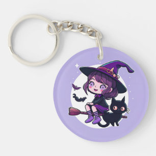 Cute Witch with a Broom Black Cat Bats Moon Keychain