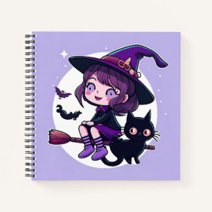 Cute Witch with a Broom Black Cat Bats Moon Notebook