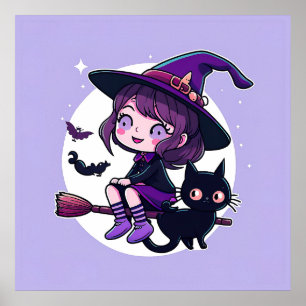 Cute Witch with a Broom Black Cat Bats Moon Poster