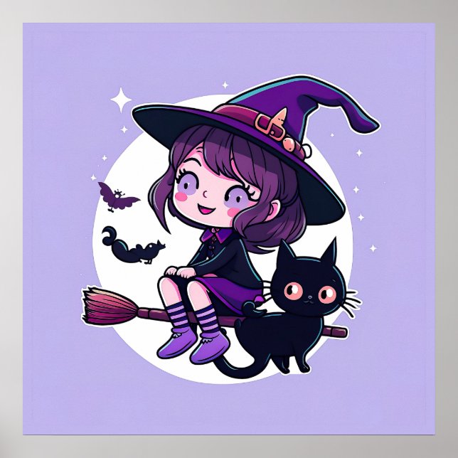 Cute Witch with a Broom Black Cat Bats Moon | Poster (Front)