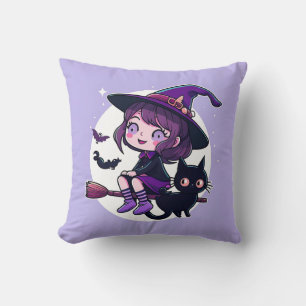 Cute Witch with a Broom Black Cat Bats Moon Throw Pillow