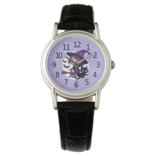 Cute Witch with a Broom Black Cat Bats Moon Watch