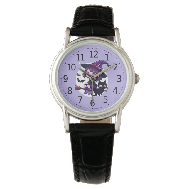 Cute Witch with a Broom Black Cat Bats Moon | Watch (Front)